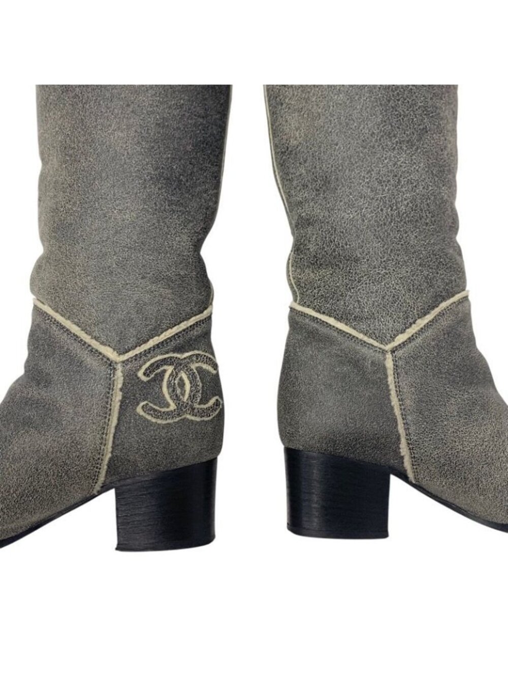 Chanel Boots Long Shoes Leather Shearling Gray Coco Mark - Picture 9 of 10